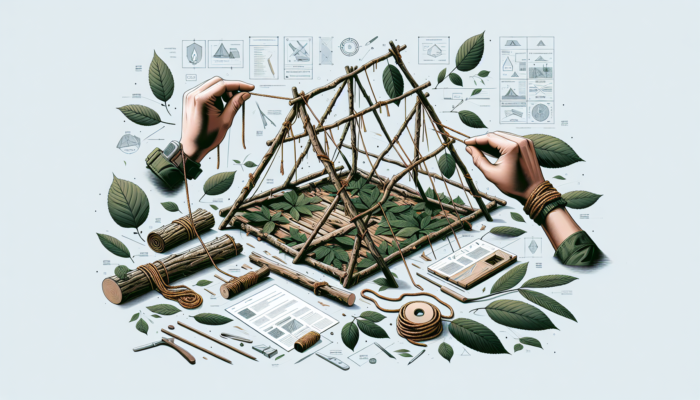 A-frame shelter in wilderness made from rope, branches, and leaves for protection.