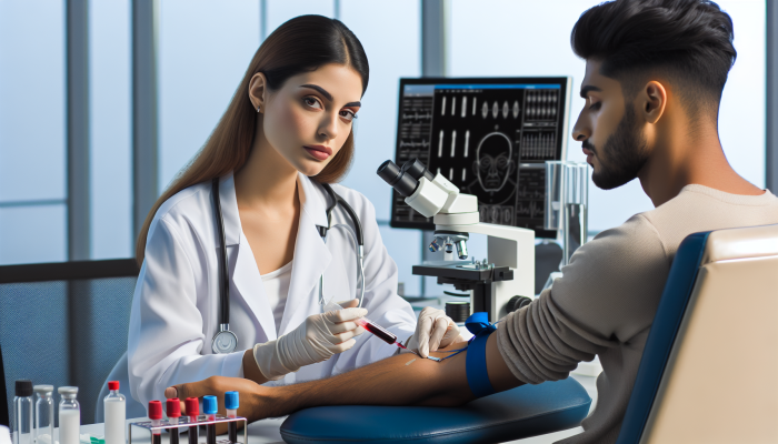 Phlebotomist drawing blood from patient's arm in modern lab, showing precision and care.