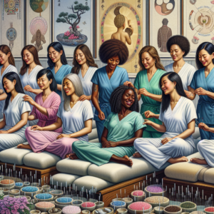 Diverse women receiving acupuncture, symbols of hope and relief from menstrual pain.