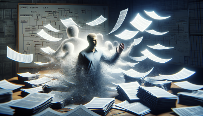 Debt Consolidation Success: Effective Strategies on a Budget | DCL Person feeling relieved as chaotic debt papers merge into one manageable document, symbolizing debt consolidation.