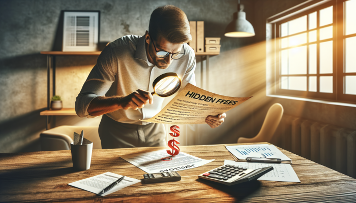 Debt Consolidation Success: Effective Strategies on a Budget | DCL Person using magnifying glass to scrutinize contract, highlighting fees, with calculator and budget sheet.