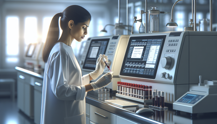 Technician calibrating automated blood analyzer with standard solutions in high-tech lab.