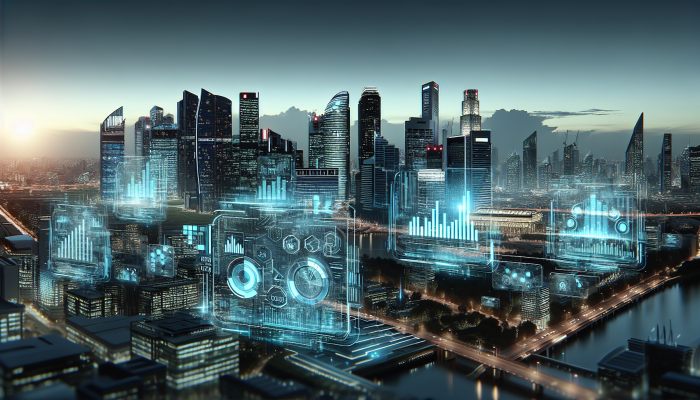 Debt Consolidation Innovations: A Revolution on the Horizon | DCL Futuristic city skyline with holographic graphs and charts, modern architecture in background.