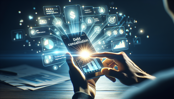 Debt Consolidation Innovations: A Revolution on the Horizon | DCL A person using a smartphone with a debt consolidation app, showing graphs and repayment plans.
