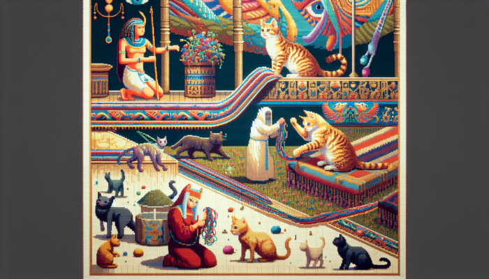 A historical tapestry illustrating catnip's journey from ancient Egypt to modern times, highlighting its medicinal uses and connection to cats.