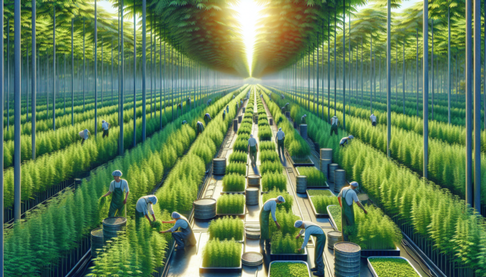 Catnip farm in summer: lush plants being harvested for pet products.