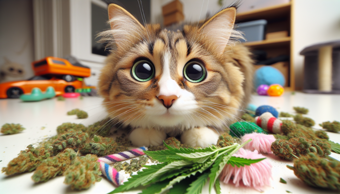 Cat intensely reacting to catnip, eyes dilated, surrounded by leaves and toys, showing feline delight and curiosity.