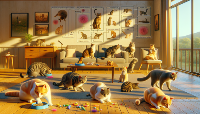 A group of cats in a living room, some playing with catnip toys, others indifferent, showing genetic differences in response.