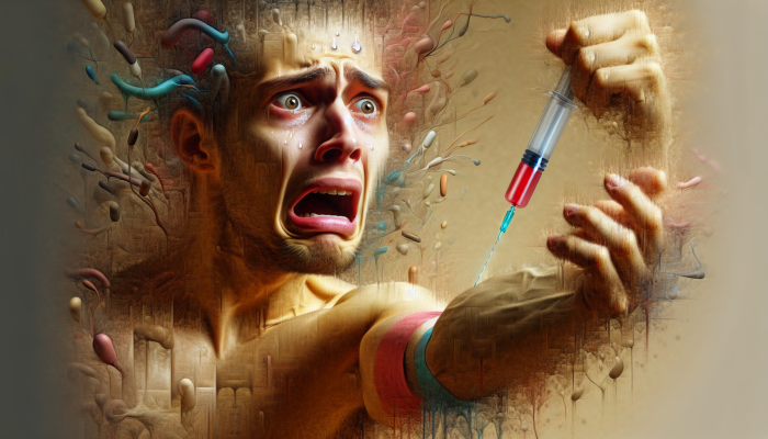 A person sweating, heart racing, staring fearfully at a needle, surrounded by shadowy past medical experiences.