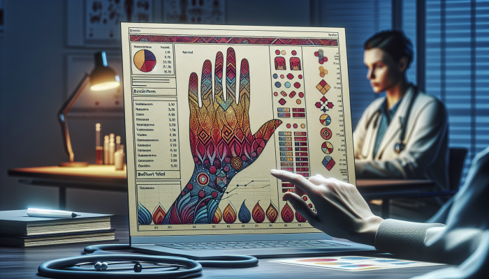 A blood test report showing vitamin deficiencies, with a person and healthcare professional discussing results and graphs.