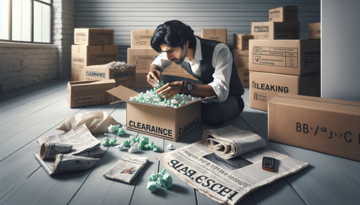 Affordable Packing: Person packing clearance items using recycled materials like cardboard, newspaper, and old fabrics for eco-friendly packing.