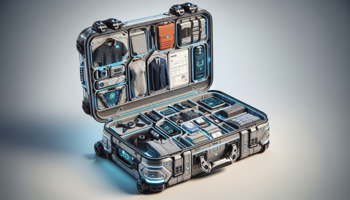 A futuristic suitcase with expandable compartments, neatly packed with clothes and gadgets, showcasing efficient packing techniques.