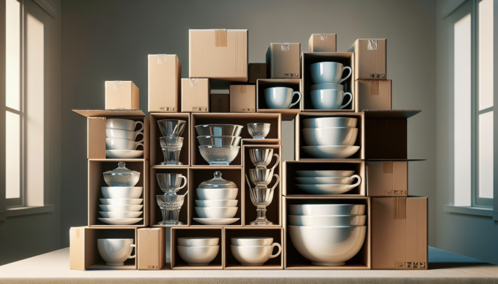 Nested packing with mugs, glass bowls, and boxes to save space and reduce shipping costs.