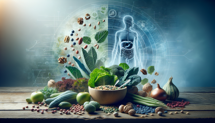 Leafy greens, legumes, nuts, and fortified cereal with a gastrointestinal tract diagram in the background.