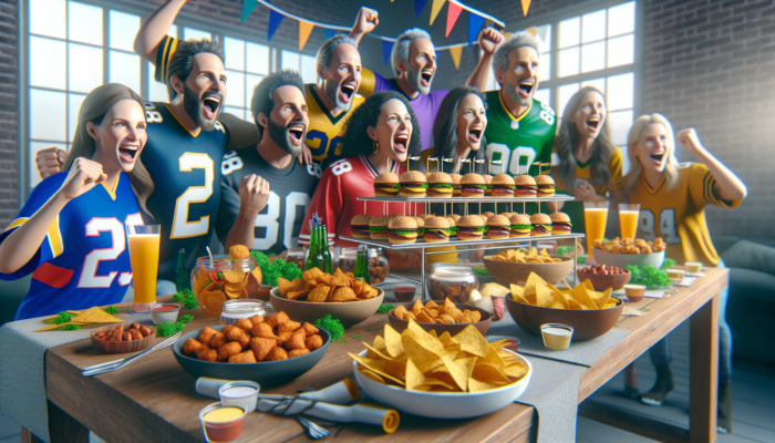 A vibrant buffet table filled with sliders, nachos, wings, and enthusiastic guests wearing team jerseys celebrating.