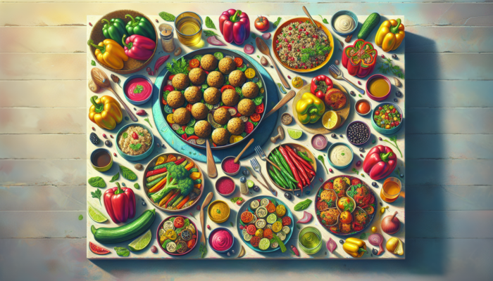 A colorful table filled with stuffed peppers, vegan quinoa balls, and clearly labeled dishes for a diverse vegetarian and vegan feast.