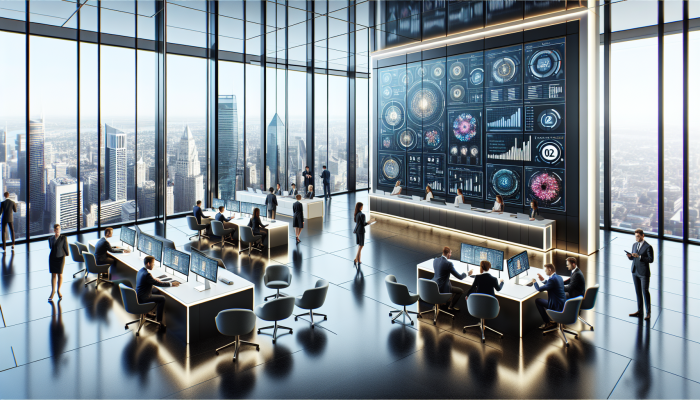 Best Bank for Debt Consolidation Loans: Top Banks To Consider | DCL Modern bank lobby with digital screens showing debt consolidation loans, advisors assisting clients, city skyline view.