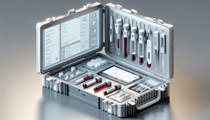Modern blood test transport kit for at-home use, designed for ease and security.