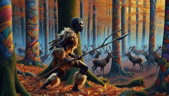 Hunting with Primitive Weapons: A primitive hunter with a spear observes deer in an autumn forest at dawn.