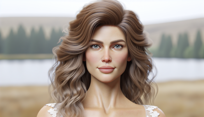 A mother of the bride with a round face, styled in long, layered soft waves for a rustic wedding.
