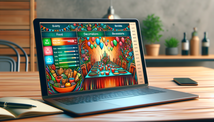 A laptop screen showing a detailed budget plan for a dinner party with graphs and a budgeting app.