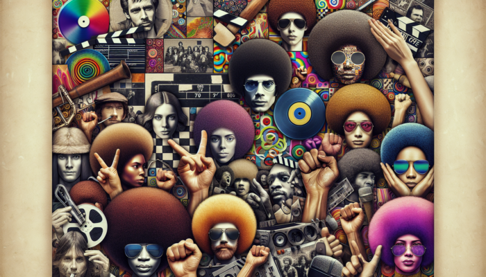 A vibrant collage of 1970s hairstyles with afros, shags, and feathered looks, set against music, film, and protest symbols.