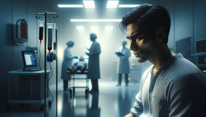 Person anxiously awaiting blood test, sweating, surrounded by shadowy figures in a sterile medical room.