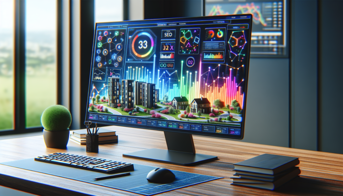 A computer screen showcasing a real estate website with SEO analytics, featuring listings for London homes and Manchester flats.