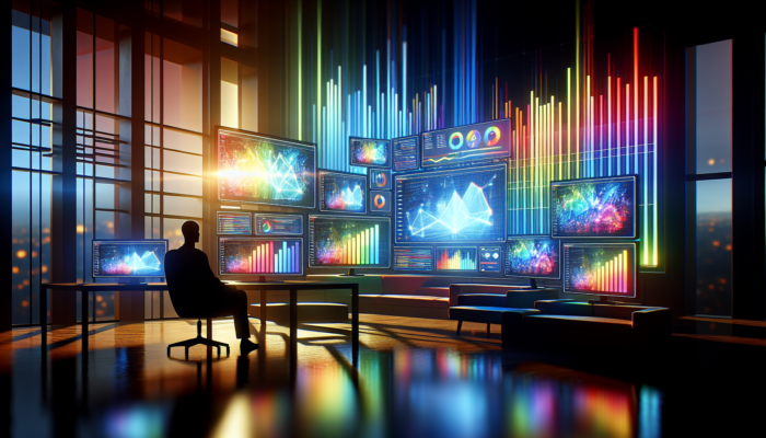 A modern workspace featuring screens displaying analytics dashboards, graphs of website traffic, and conversion rates, with a person analyzing data using Google Analytics and social media insights.
