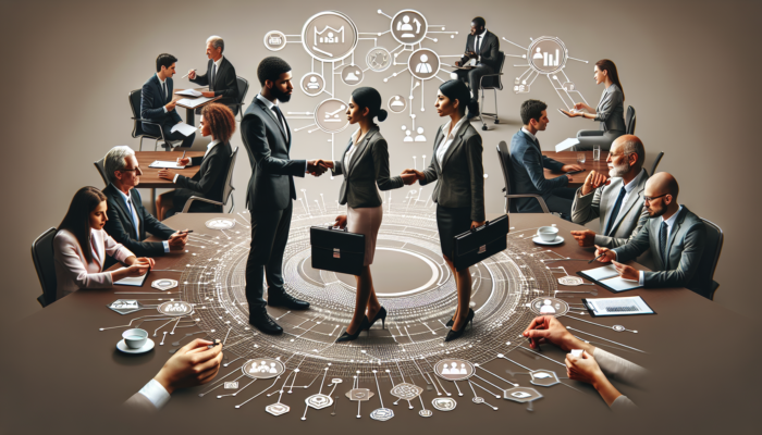 Professionals at an industry conference networking, exchanging cards, with digital backlink icons symbolizing growth.