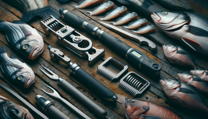 Various fish scalers on a rustic table with fresh fish, showcasing serrated edges and ergonomic designs.