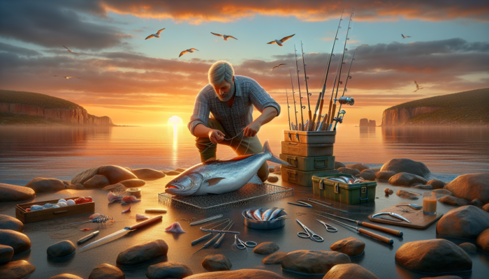 An Australian fisherman scales a large fish using advanced techniques at sunset on a scenic coast.