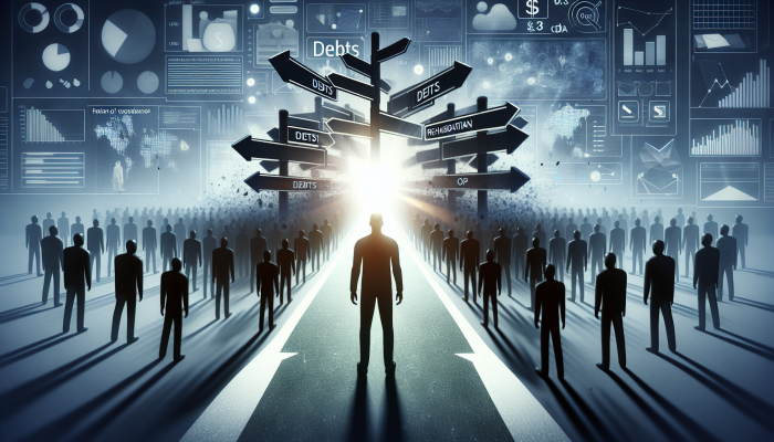 How Debt Consolidation Differs From Restructuring: Key Differences | DCL A person at a crossroads, relieved as debts merge into one clear path for financial recovery.