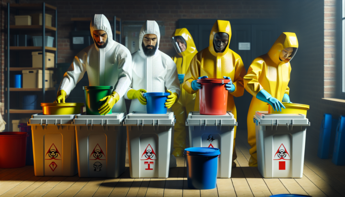 Team in hazmat suits sorting hazardous waste into labeled containers during house clearance.