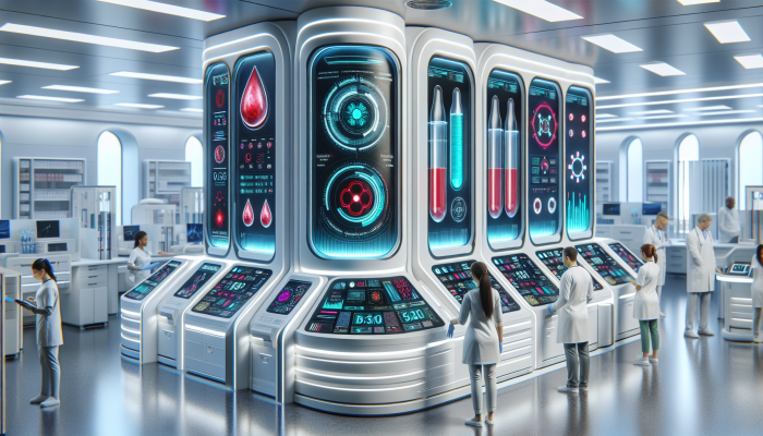 Futuristic lab with advanced automated blood testing machines and medical staff monitoring results.