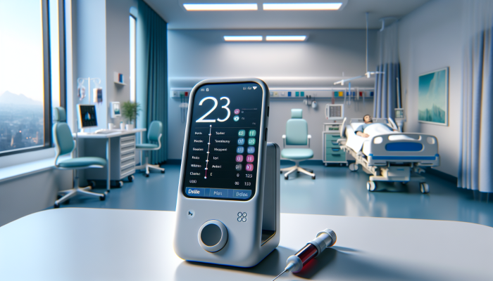 A portable POC testing device with touchscreen, connected to smartphone showing real-time blood test results in a hospital room.