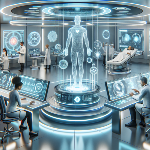 Futuristic medical lab with advanced equipment, doctors analyzing data, patients undergoing specialized tests for proactive healthcare.