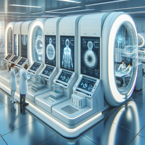 High-tech lab with advanced medical equipment and doctors working harmoniously in a futuristic, warm setting.