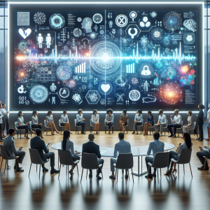 A diverse group analyzing health data on a touchscreen to make informed decisions in a modern room.