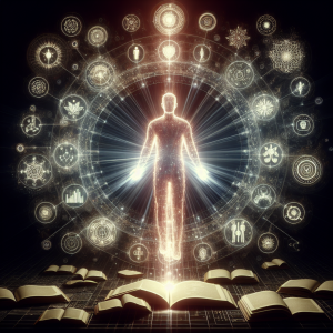 A person radiating empowerment, surrounded by glowing books and action symbols.