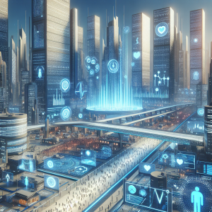 A futuristic cityscape with holographic health data and people using advanced devices for informed health choices.