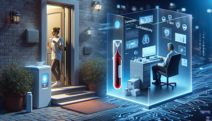 A modern blood test kit on a doorstep, symbolizing convenience and confidentiality.