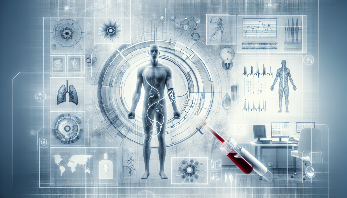 A person receiving a comprehensive blood test in a modern clinic, surrounded by health charts and graphs.