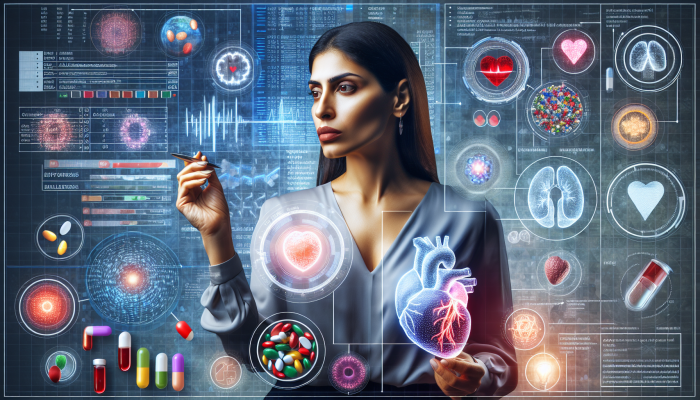 A person reviewing health reports, surrounded by well-being symbols, looking serene and empowered.