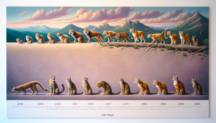 Timeline of cat meow evolution from ancient wild felines to modern domestic cats interacting with humans.