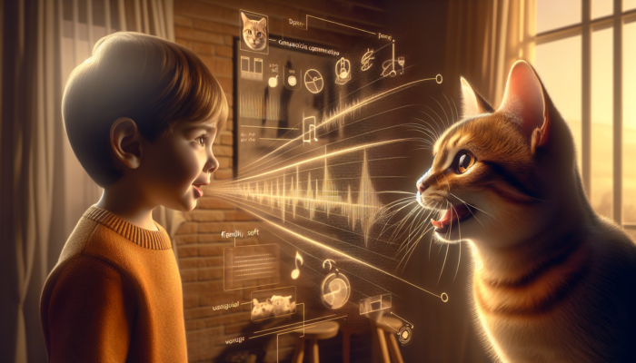 A cat meowing softly to a child and assertively to an adult, demonstrating feline communication adaptability.