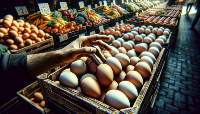 A hand selecting fresh eggs with tight whites and high yolks at a farmers' market, surrounded by rustic crates and vibrant produce.