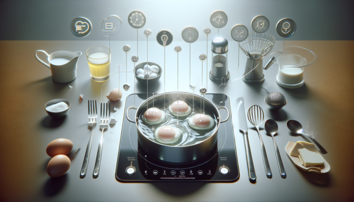 A serene kitchen scene with tools and perfectly poached eggs in simmering water.