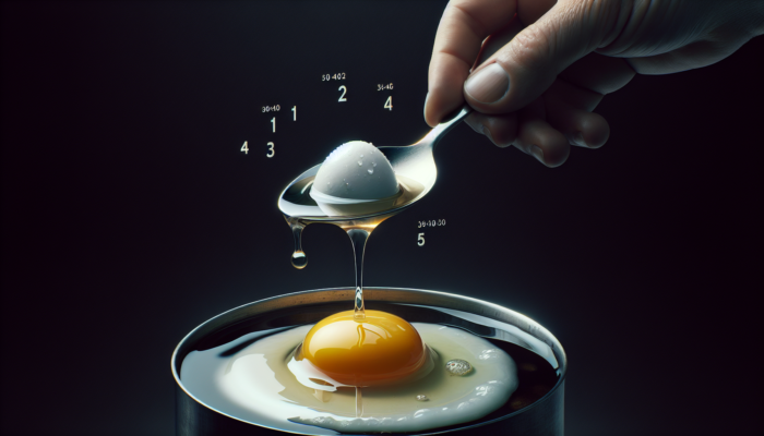 A perfectly poached egg with a runny yolk, timer at 3:45, being lifted from water with a slotted spoon.