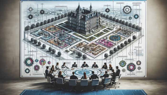 A blueprint on a table with people discussing, house in background, labeled sections for removal and inventory.